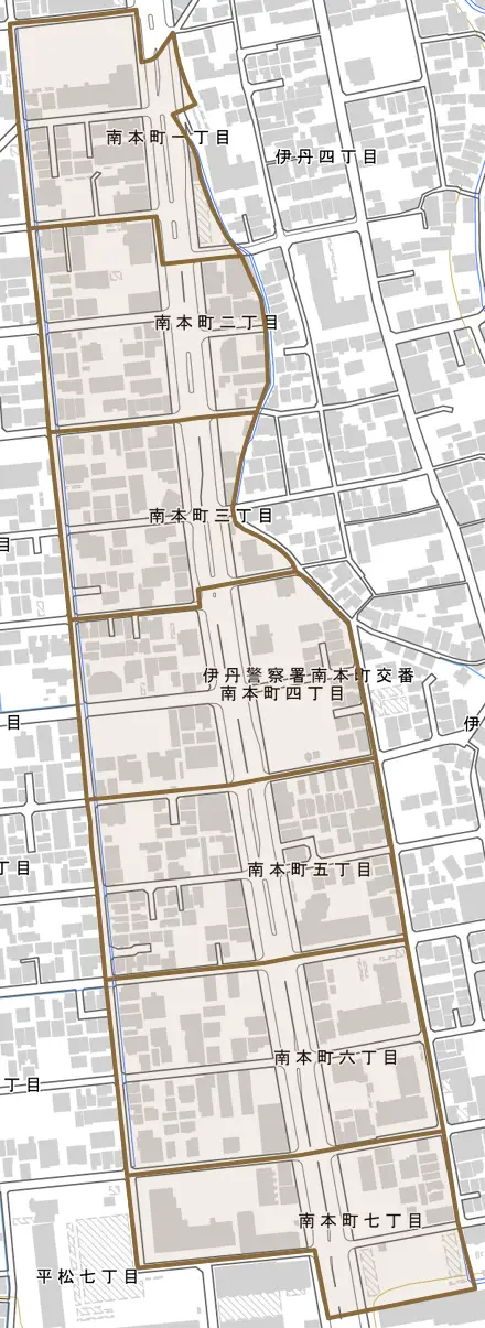 南本町とその周辺の地図。町の範囲を重ねている
