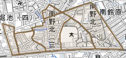 南野北とその周辺の地図。町の範囲を重ねている