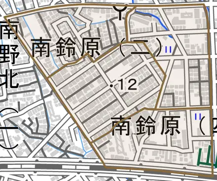 南鈴原とその周辺の地図。町の範囲を重ねている