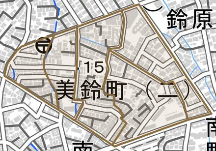 美鈴町とその周辺の地図。町の範囲を重ねている