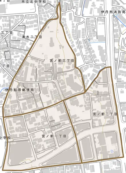 宮ノ前とその周辺の地図。町の範囲を重ねている