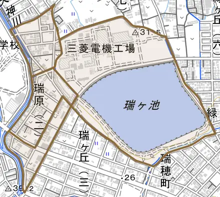 瑞原とその周辺の地図。町の範囲を重ねている