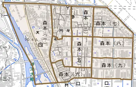 森本とその周辺の地図。町の範囲を重ねている