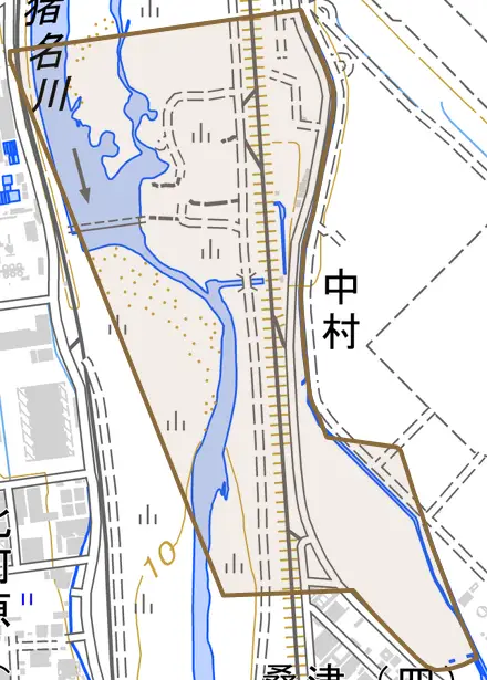 中村とその周辺の地図。町の範囲を重ねている