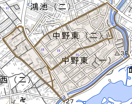 中野東とその周辺の地図。町の範囲を重ねている