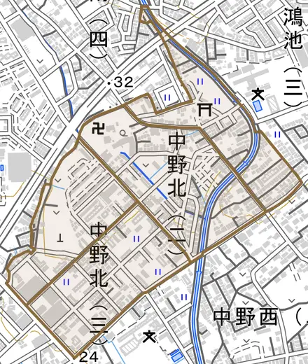 中野北とその周辺の地図。町の範囲を重ねている