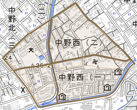 中野西とその周辺の地図。町の範囲を重ねている