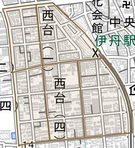 西台とその周辺の地図。町の範囲を重ねている