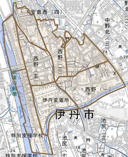 西野とその周辺の地図。町の範囲を重ねている