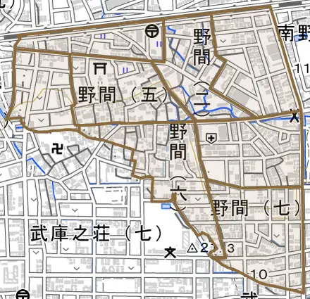 野間とその周辺の地図。町の範囲を重ねている