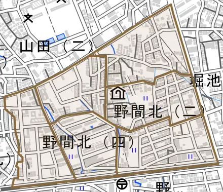 野間北とその周辺の地図。町の範囲を重ねている