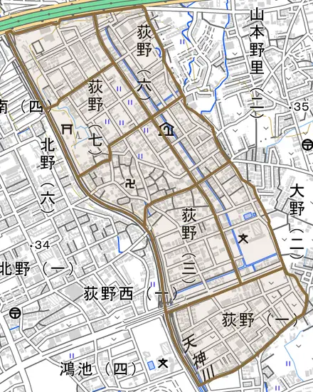 荻野とその周辺の地図。町の範囲を重ねている
