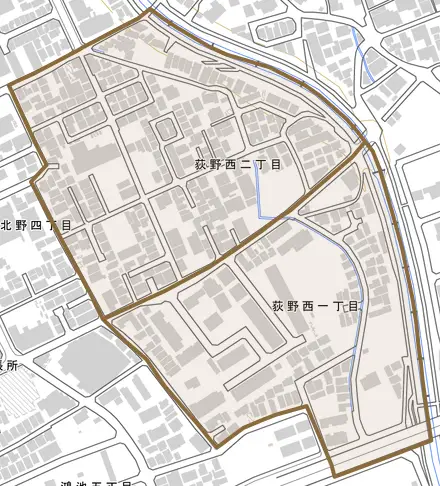 荻野西とその周辺の地図。町の範囲を重ねている
