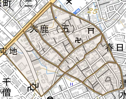 大鹿とその周辺の地図。町の範囲を重ねている
