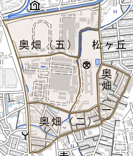 奥畑とその周辺の地図。町の範囲を重ねている