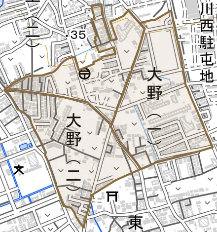 大野とその周辺の地図。町の範囲を重ねている