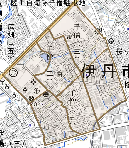 千僧とその周辺の地図。町の範囲を重ねている