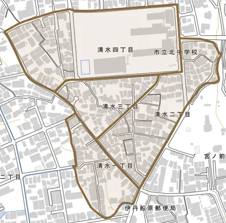 清水とその周辺の地図。町の範囲を重ねている