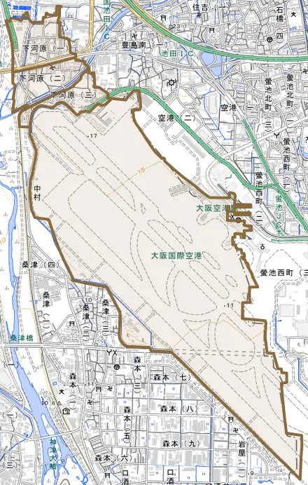 下河原とその周辺の地図。町の範囲を重ねている