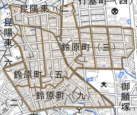 鈴原町とその周辺の地図。町の範囲を重ねている