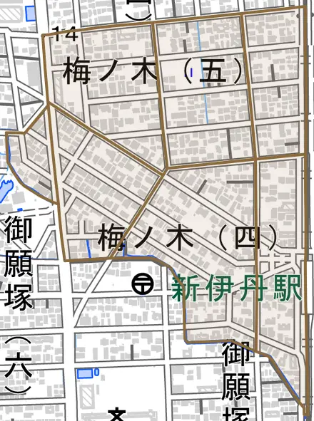 梅ノ木とその周辺の地図。町の範囲を重ねている