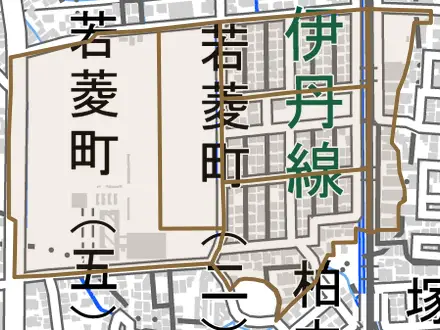 若菱町とその周辺の地図。町の範囲を重ねている