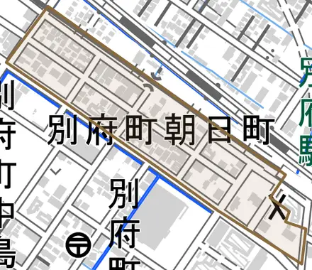 別府町朝日町とその周辺の地図。町の範囲を重ねている