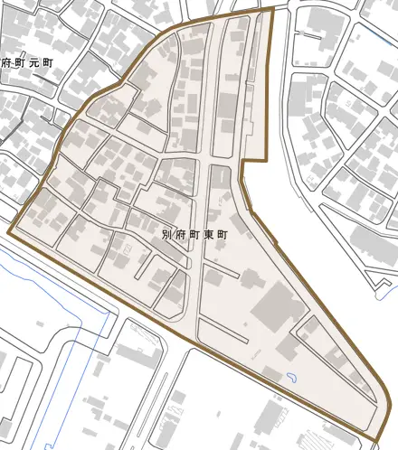 別府町東町とその周辺の地図。町の範囲を重ねている