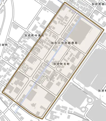 別府町石町とその周辺の地図。町の範囲を重ねている