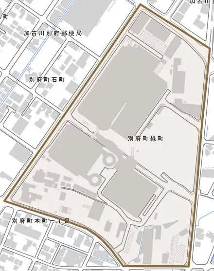 別府町緑町とその周辺の地図。町の範囲を重ねている