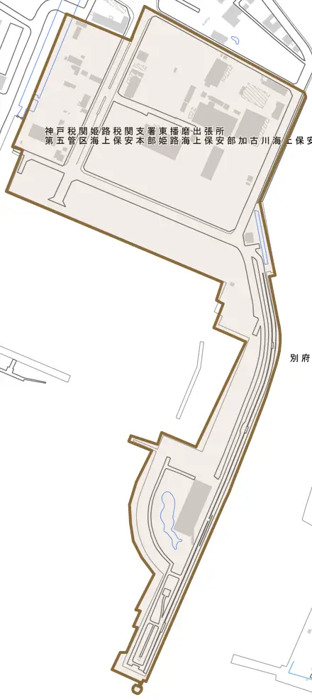 別府町港町とその周辺の地図。町の範囲を重ねている