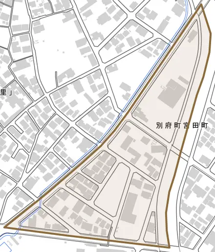 別府町宮田町とその周辺の地図。町の範囲を重ねている