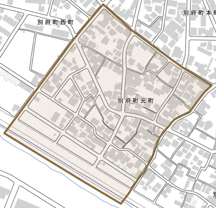 別府町元町とその周辺の地図。町の範囲を重ねている
