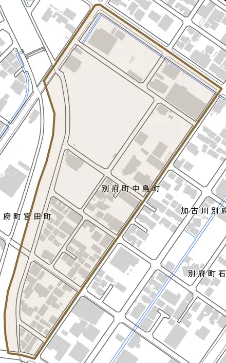 別府町中島町とその周辺の地図。町の範囲を重ねている