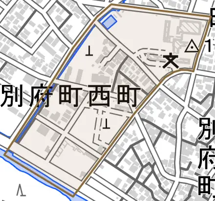別府町西町とその周辺の地図。町の範囲を重ねている