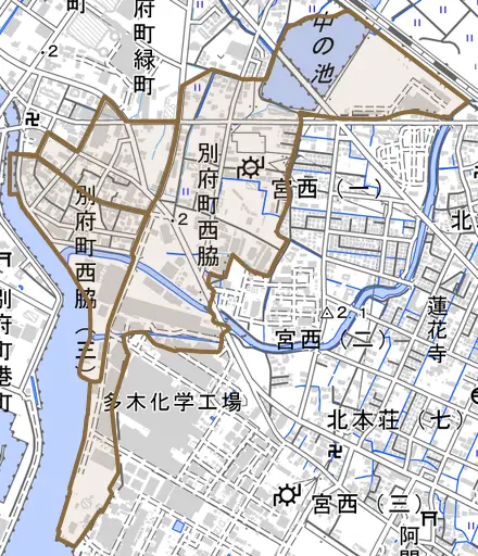 別府町西脇とその周辺の地図。町の範囲を重ねている