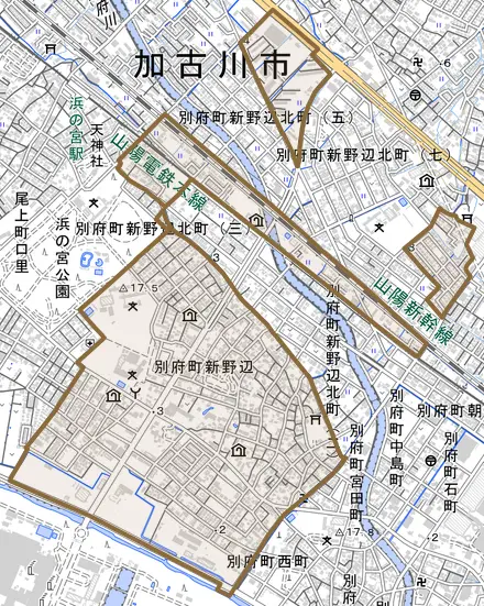 別府町新野辺とその周辺の地図。町の範囲を重ねている