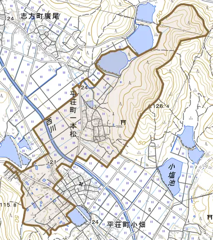 平荘町一本松とその周辺の地図。町の範囲を重ねている