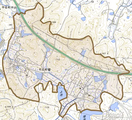 平荘町磐とその周辺の地図。町の範囲を重ねている