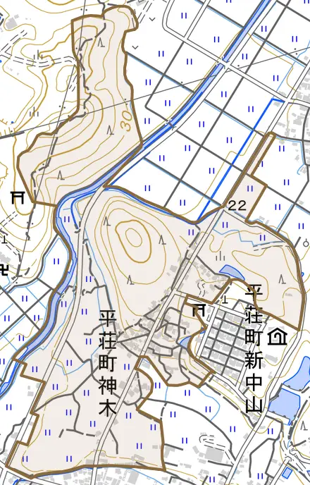 平荘町神木とその周辺の地図。町の範囲を重ねている