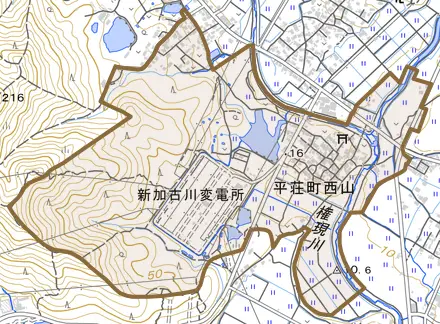 平荘町西山とその周辺の地図。町の範囲を重ねている