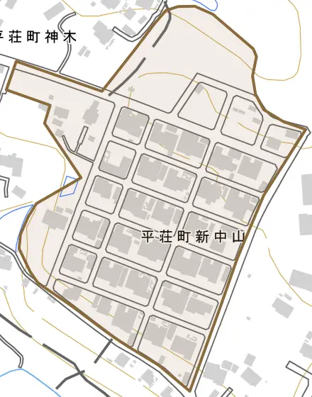 平荘町新中山とその周辺の地図。町の範囲を重ねている