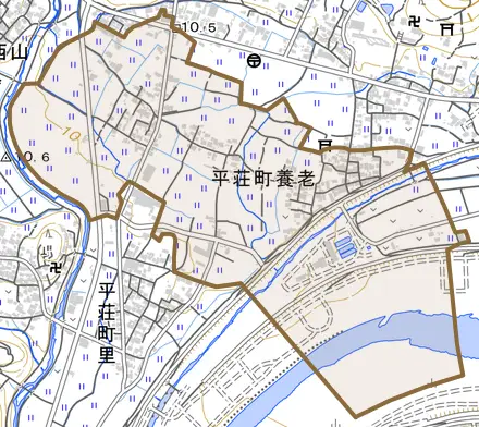 平荘町養老とその周辺の地図。町の範囲を重ねている