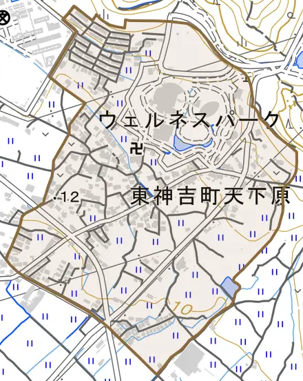 東神吉町天下原とその周辺の地図。町の範囲を重ねている