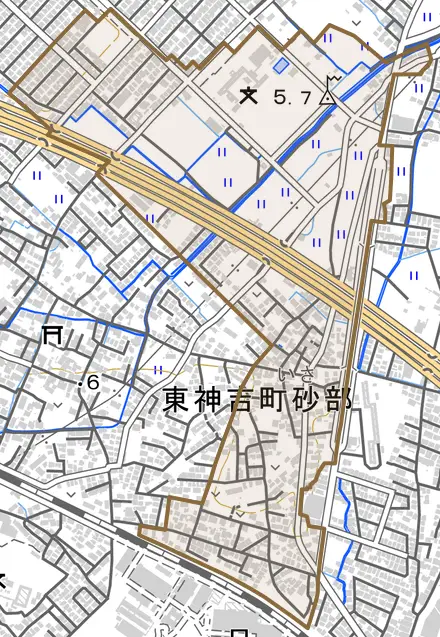 東神吉町砂部とその周辺の地図。町の範囲を重ねている