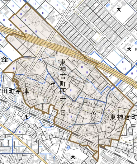 東神吉町西井ノ口とその周辺の地図。町の範囲を重ねている