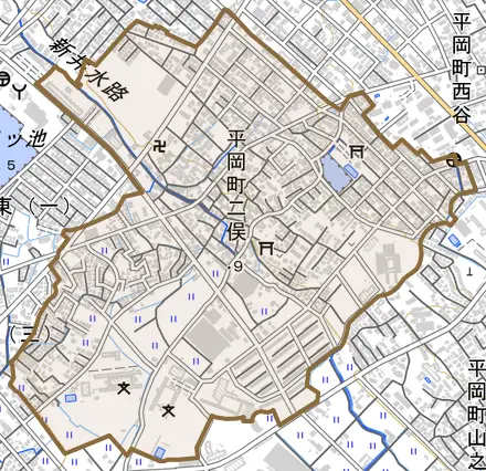 平岡町二俣とその周辺の地図。町の範囲を重ねている