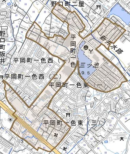 平岡町一色とその周辺の地図。町の範囲を重ねている