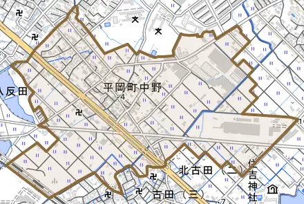 平岡町中野とその周辺の地図。町の範囲を重ねている