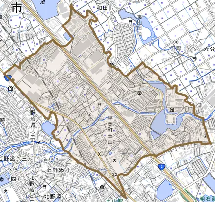 平岡町土山とその周辺の地図。町の範囲を重ねている